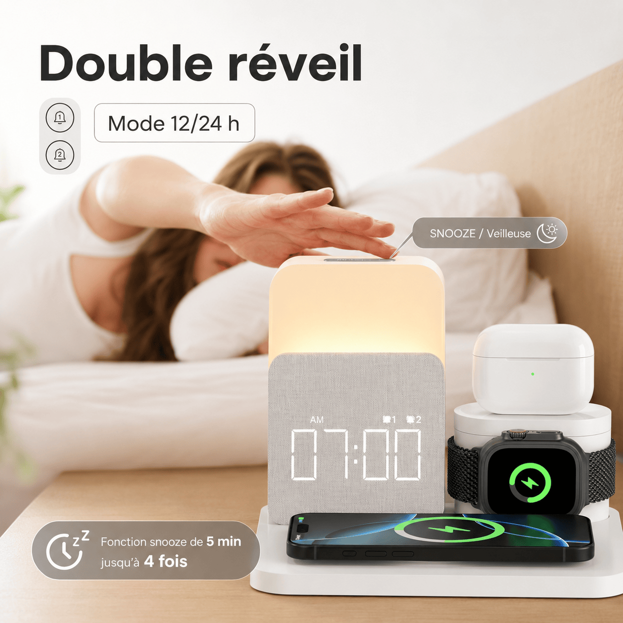 Réveil chargeur induction Apple Samsung LeBonRéveil
