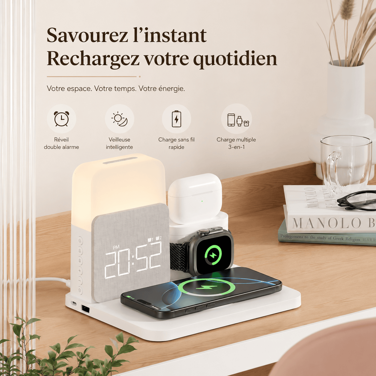 Réveil chargeur induction Apple Samsung LeBonRéveil