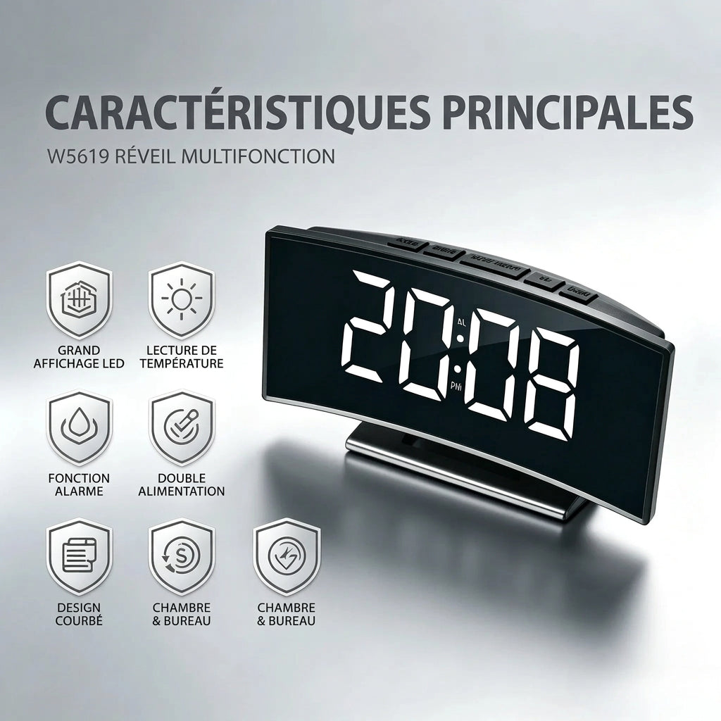 Réveil digital à écran incurvé LED LeBonRéveil