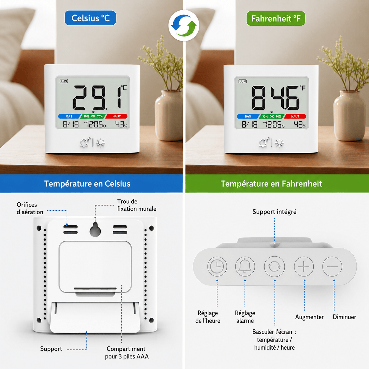 Réveil digital à pile avec thermomètre LeBonRéveil