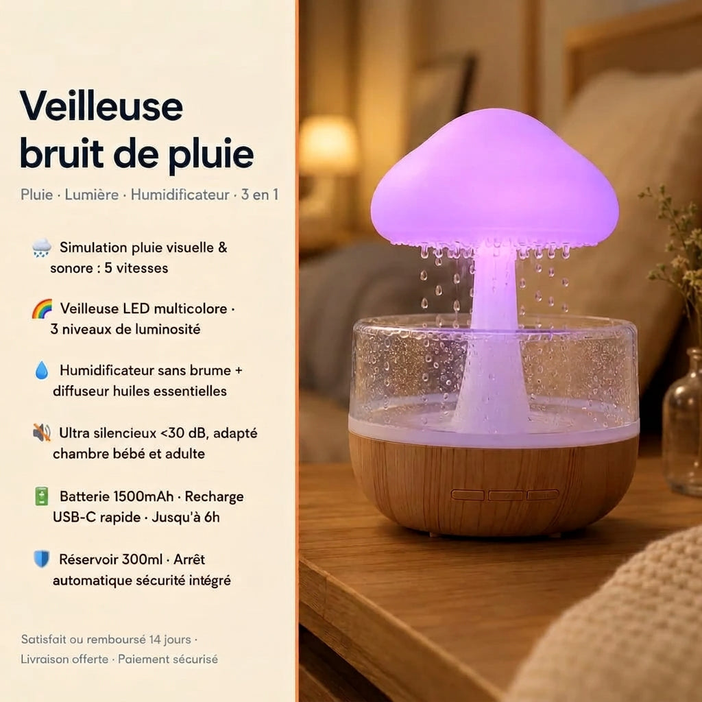 Veilleuse champignon bruit de pluie Le Bon Réveil Veilleuse humidificateur